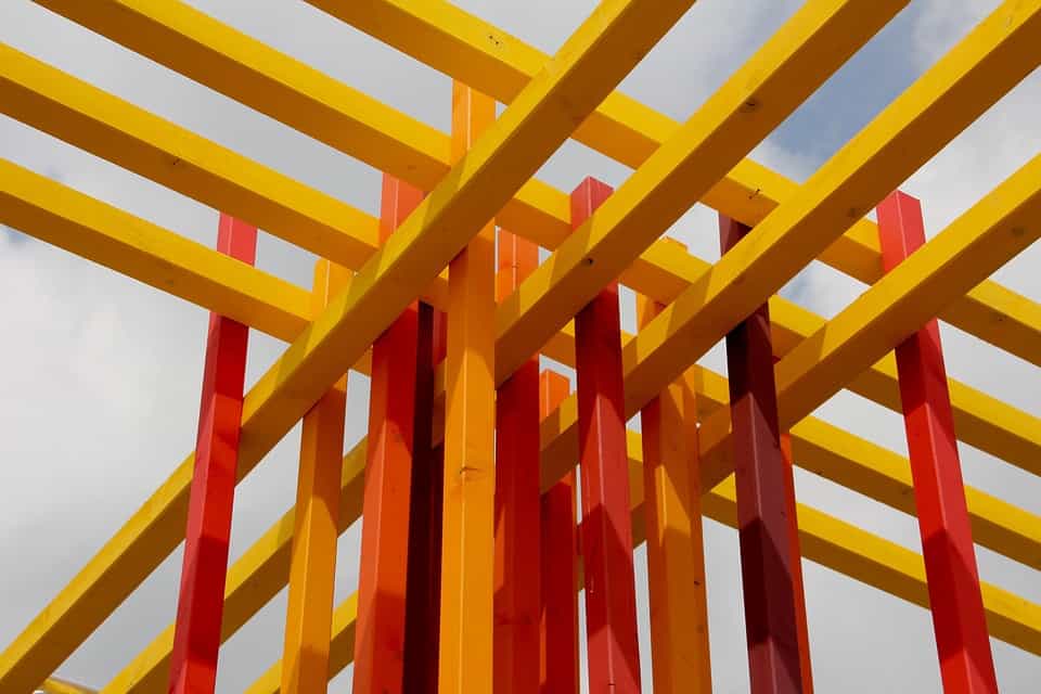 Red Orange and Yellow linear sculpture.