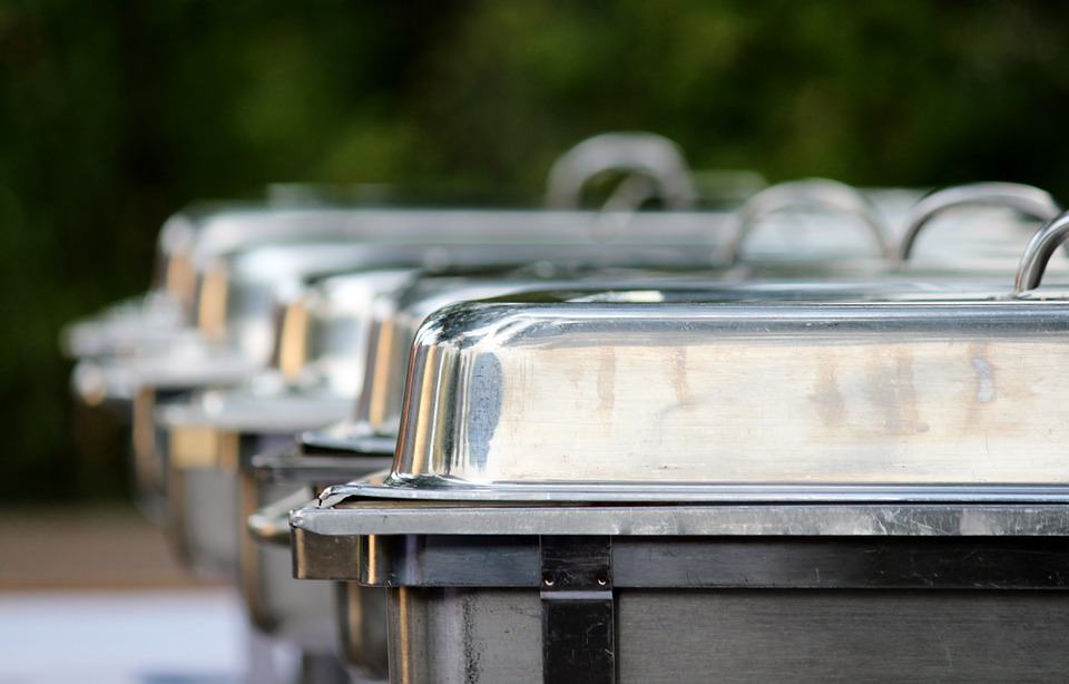 Chafing dishes at food festival.
