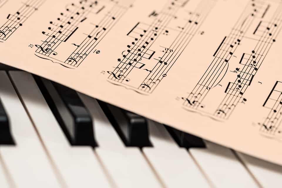 Sheet of music on piano keys.