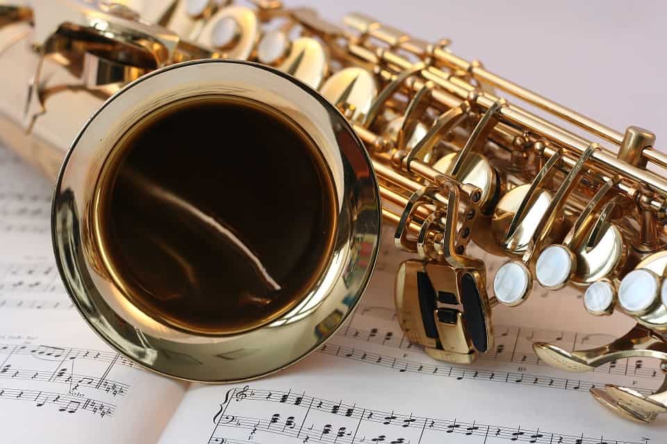 Saxophone closeup on sheet music.