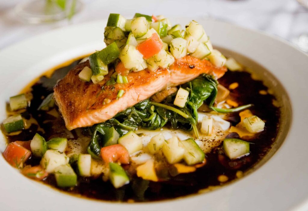 salmon entree at kensington falls church assisted living dining room