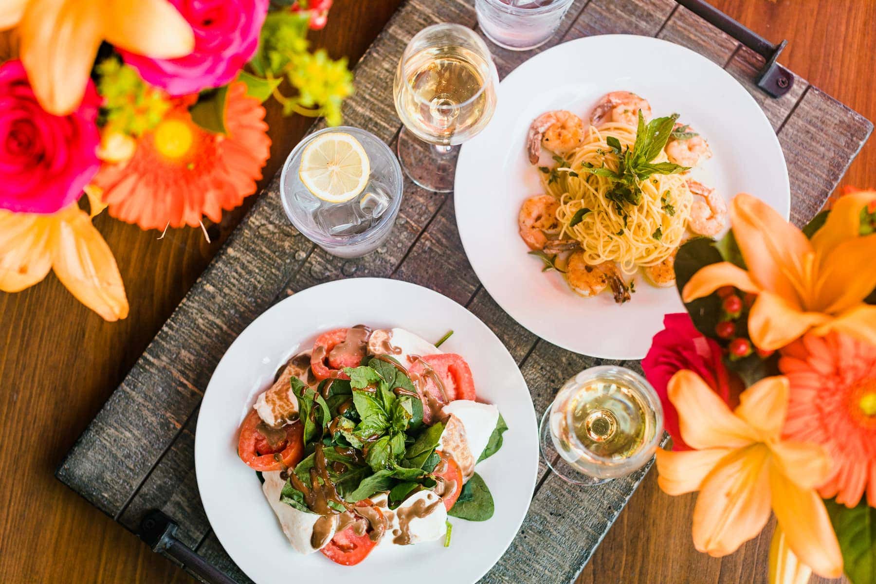 caprese salad and shrimp pasta