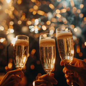 Three glasses of champagne are raised high in celebration while bright fireworks illuminate the night sky, creating a joyful holiday moment.