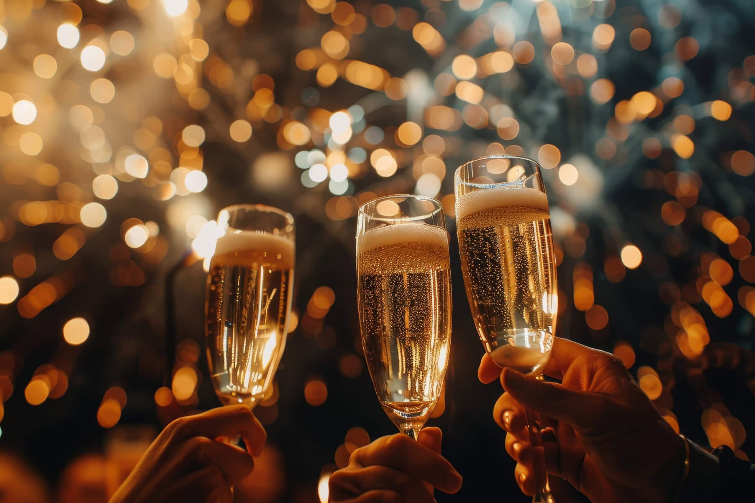 Three glasses of champagne are raised high in celebration while bright fireworks illuminate the night sky, creating a joyful holiday moment.